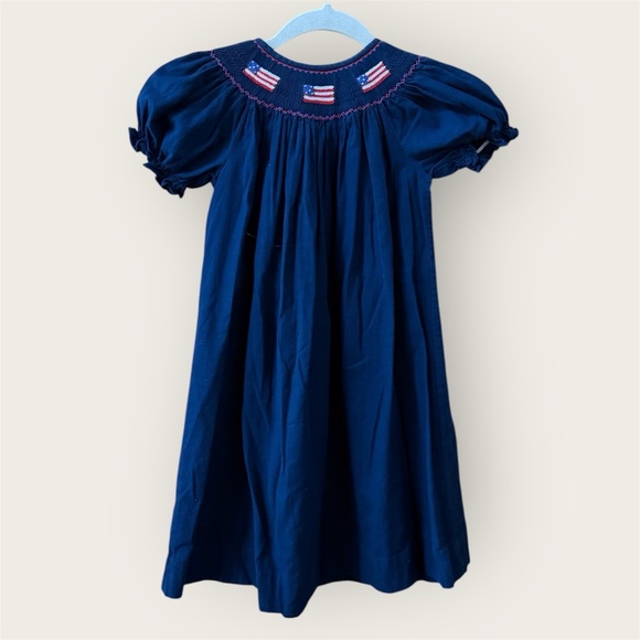 Silly Goose Other - Hand Smocked Silly Goose Patriotic Girls Bishop Dress Blue USA Flag 100% cotton